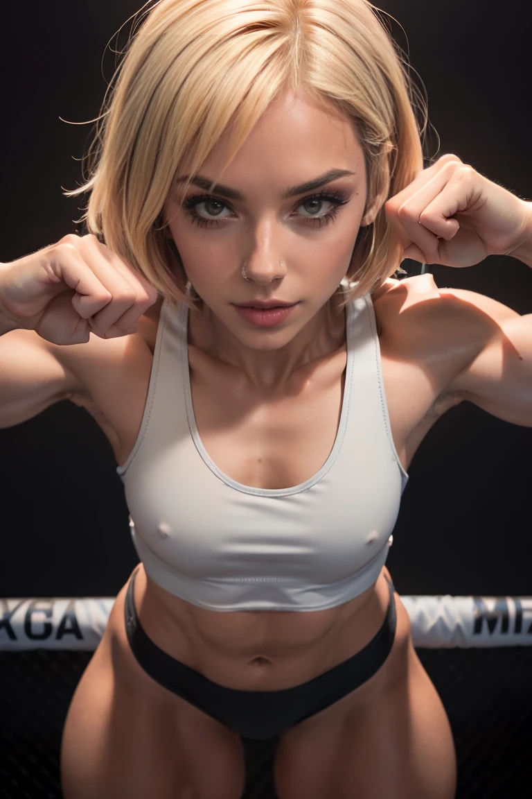 (muscular:1.1), blonde woman, bokeh, (parts:0.8), top view of the body, bokeh, detailed eyes, (athletic body:1.0), (muscled body:1.3), (looking at the viewer) (voluminous:1.1), (arrogant), Dark studio, edge lighting, Two tone lighting, dimly lit, low key (detailed skin), very excited, sexual, down on my knees, mma fighting ring, Masturbating, ORGASM, neck, very big breasts, (small cropped tank top:1.5), hardened nipples, oiled skin, bob cut, covered in someone else&#39;s blood, bloody, scene of violence, she is my champion