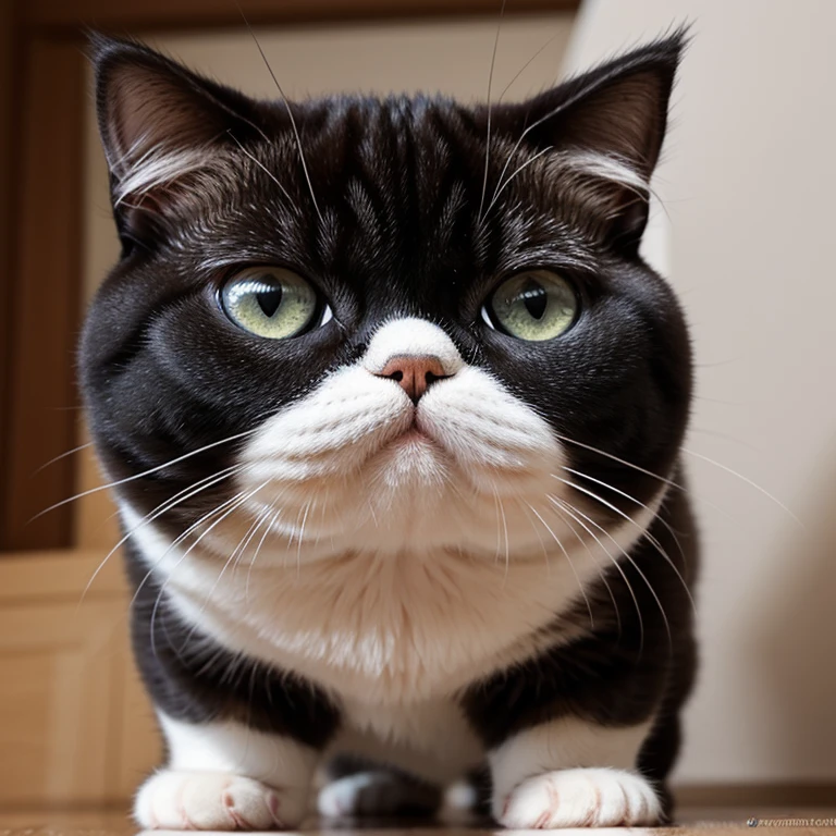 Exotic Shorthair kitten. Face transformation with fisheye effect. Shining eyes. Cute expression. Same perspective angle as the animal. Realistic background. Intricate details. 8K.