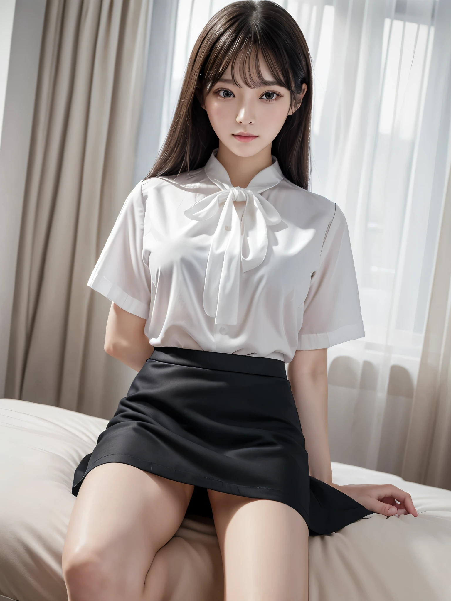 8k, Raw photo, Highest quality, masterpiece:1.2), masterpiece, Highest quality, figure, Very detailed, Fine details, High resolution, 8k,wallpaper, Perfect dynamic composition,(Detailed high quality, Realistic depiction of eyes:1.3)、A woman who has been and has her hands tied、Arms wrapped around his back, hands tie behind back, Inside a beautiful hotel room at night、Sitting in a chair、Outside the window is a night view、((( With legs wide open、Her white panties are visible between her skirt and legs.)))、(((Short sleeve blouse、mini skirt)))、whole body、The whole thing faces forward、21 years old、I am a TV personality.、Beauty、Well-formed face、Make your eyes even、Beautiful black hair、Has bangedium build、Well-balanced proportions、Beautiful legs、Fresh face、Beautiful scenery、(((Viewers gaze forward)))、