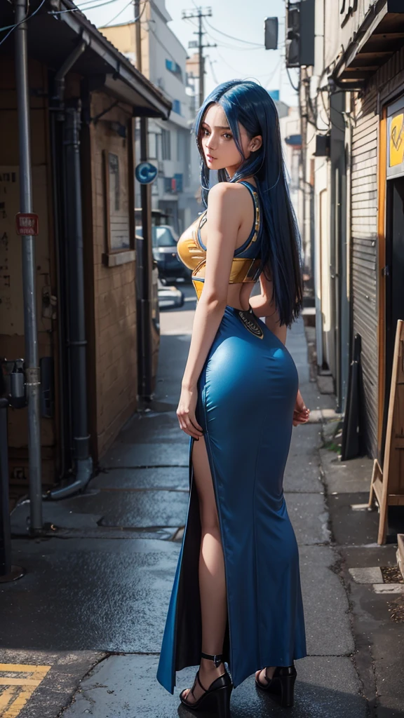 Golden-brown skimmed woman, 30 years old, 168cm long, blue Cyberpunk hair, hazelblue eyes, small waist, firm , perfect round ass, athletic body, highress, 4k, ultimate detail