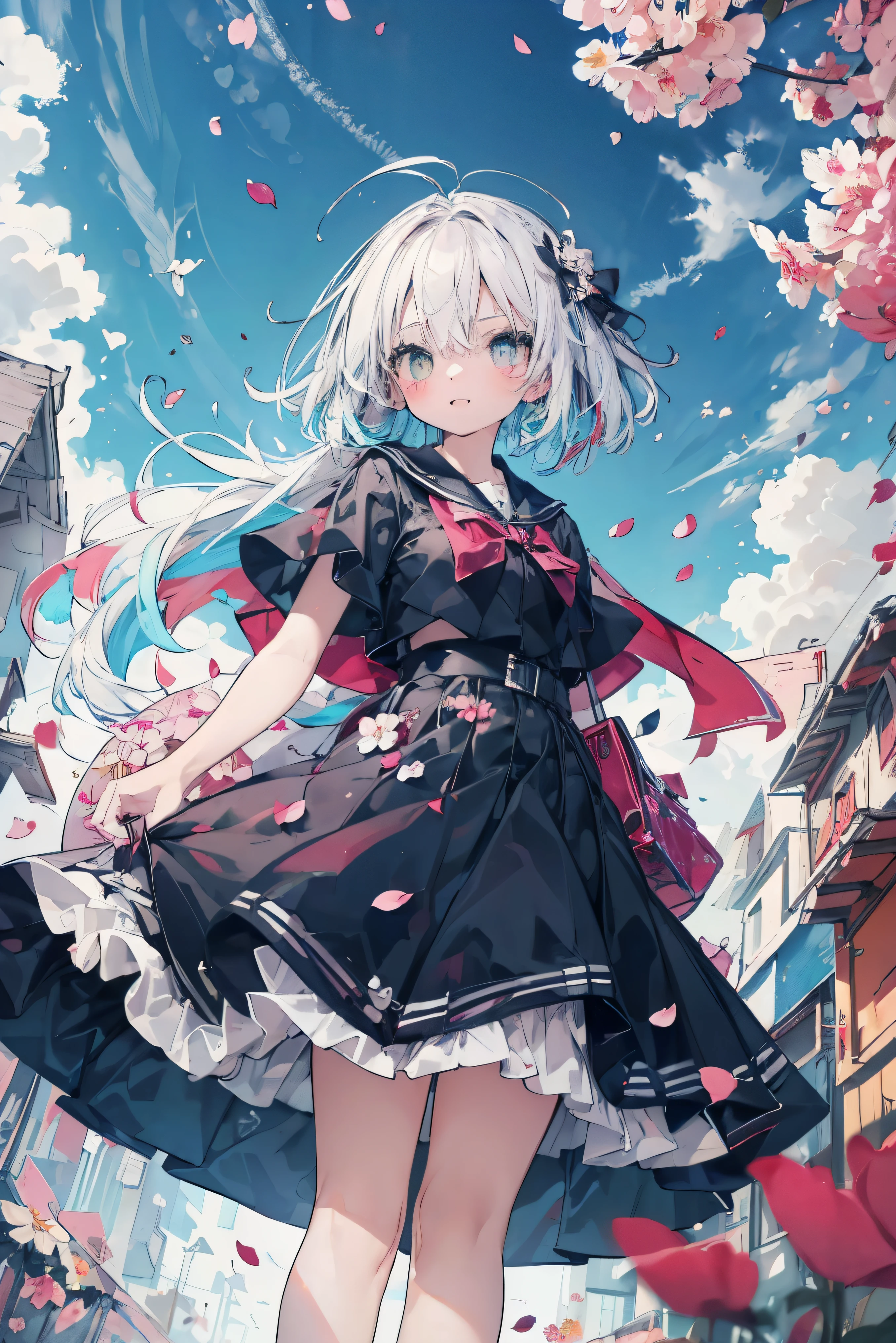 quality\(8k,wallpaper of extremely detailed CG unit, masterpiece,hight resolution,top-quality,top-quality real texture skin,hyper realisitic,increase the resolution,RAW photos,best qualtiy,highly detailed,the wallpaper,cinematic lighting,ray trace,golden ratio\), BREAK ,solo,1girl/(cute, kawaii,skin color white,pale skin, slightly smile ,hair floating,hair color blond,short bob hair,eye color cosmic,big eyes,uniform\(black sailor\),walking,looking away, anatomically PERFECT HAND\), BREAK ,background\(outside,messy slum,from below,(many colorful beautiful petals in the sky:1.8),blue wind\), (from below:1.5),(ground level shot:1.5),(from directly below:1.4)