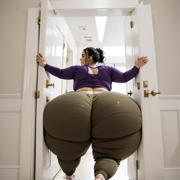 masterpiece, 1 Mexican girl behind a doorway, from behind, (doorstuck, stuckback:1.3), ssbbw ,huge wide hips, round belly, thick thighs, giant butt,colorful clothing, wearing a olive green pirate costume with pants, upset, desperately trying to wiggle through, she tries to free herself but she won't budge, she is stuck tight view from above, she is too wide, the doorway is quite narrow too, she kicks her legs furiously, trying to wiggle her hips through the small door, but its no good, the door is too small, she keeps trying to squeeze through with frustration, she is stuck too tight