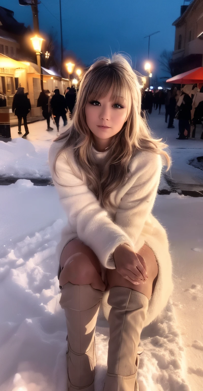 1girl in, (wear a white ski wear:1.2), (Raw photo, Best Quality), (Realistic, Photorealsitic:1.4), masutepiece, ((knee high shot)), Extremely delicate and beautiful, Extremely detailed, 2k wallpaper, amazing, finely detail, the Extremely Detailed CG Unity 8K Wallpapers, Ultra-detailed, hight resolution, Soft light, Beautiful detailed girl, extremely detailed eye and face, beautiful detailed nose, Beautiful detailed eyes, Cinematic lighting, Illuminations coloring the city on a snowy night, Snowy landscape, It's snowing, There&#39;s snow in my hair, Perfect Anatomy, Slender body, Taut, 
Straight short hair, Bangs, Looking at Viewer, A slight smil