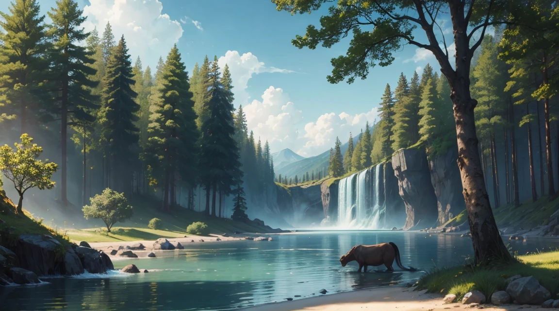 naturey, Realism, 4K, sky, TREES, water, sky, stele, animals, lights