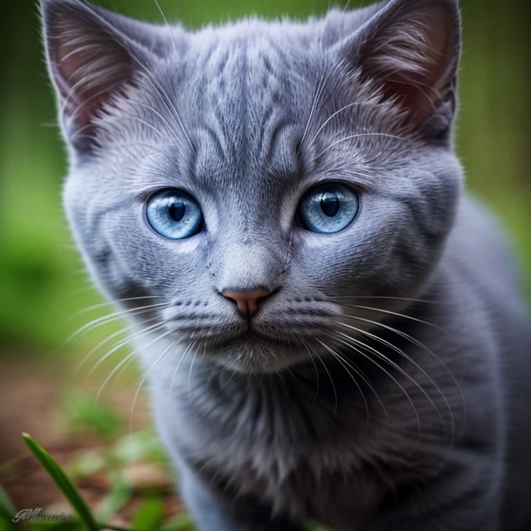 Russian Blue kitten. Face morphing with fisheye effect. Shining eyes. Cute expression. Same perspective angle as the animal. Realistic background. Intricate details. 8K.