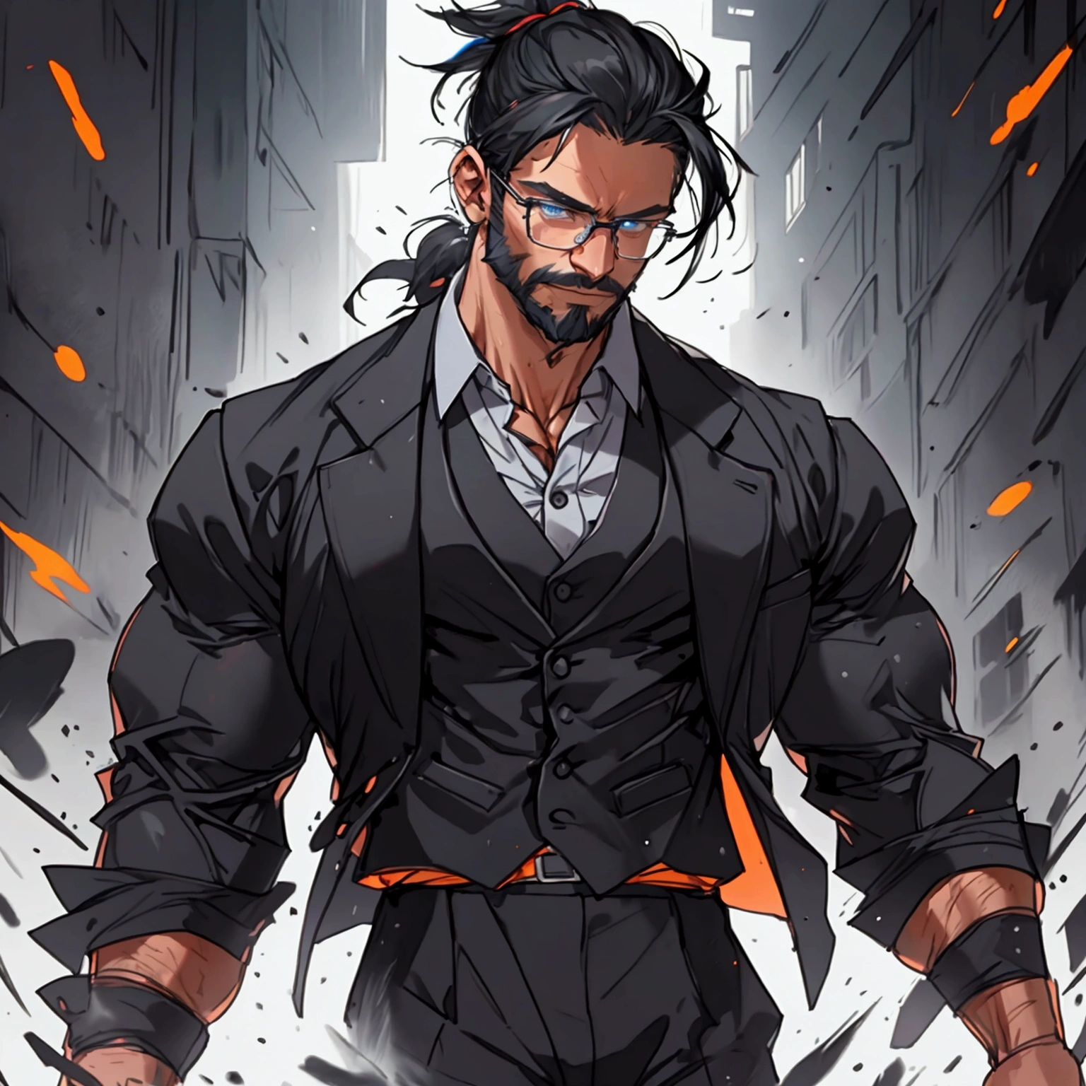 a muscular man with a ponytail, glasses, black hair, light scruffy beard, wearing a business vest and black dress pants, solo, alone, glowing electrical powers, (SOLO)(ALONE), best quality, 8k, highres, masterpiece, ultra-detailed, realistic, photorealistic, photo-realistic, HDR, UHD, studio lighting, ultra-fine painting, sharp focus, physically-based rendering, extreme detail description, professional, vivid colors, bokeh, has blue eyes, blue electric powers, wearing white dress shirt and black vest, fighting pose