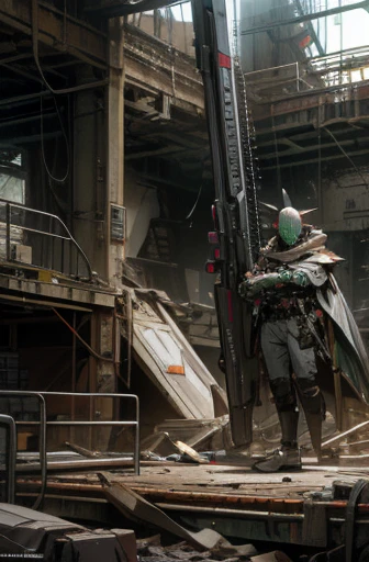 Robot,a heaby armored,industrial design with massive,holding_buster rifle, white mantle,industrial design with massive, green color,masterpiece,best quality,super detailed,super fine illustration,8k,retoro,ascy art,noise,1980s,Break collapse building,crumbling walls, and debris littering the ground,detailed background,