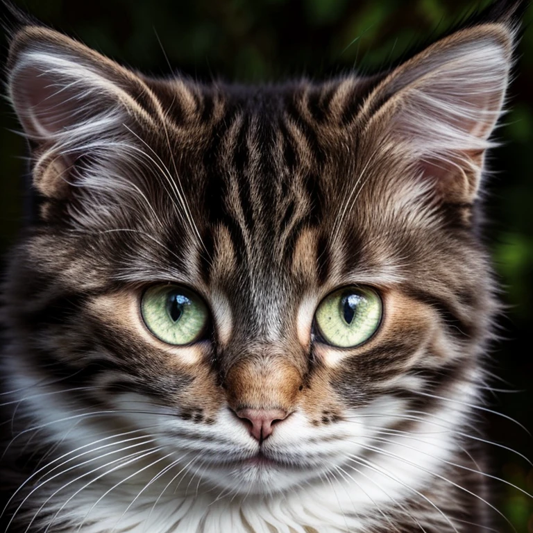 Kitten Norwegian Forest Cat. Face morphing with fisheye effect. Shining eyes. Cute expression. Same perspective angle as the animal. Realistic background. Intricate details. 8K.