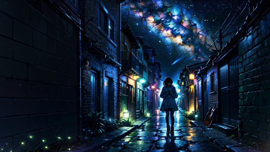 masterpiece,night,(dark alley),star、Night Sky、Overlooking the city、milky way、octone、
(1 Youth), (solo), Knee hugging sitting,acousticguitar