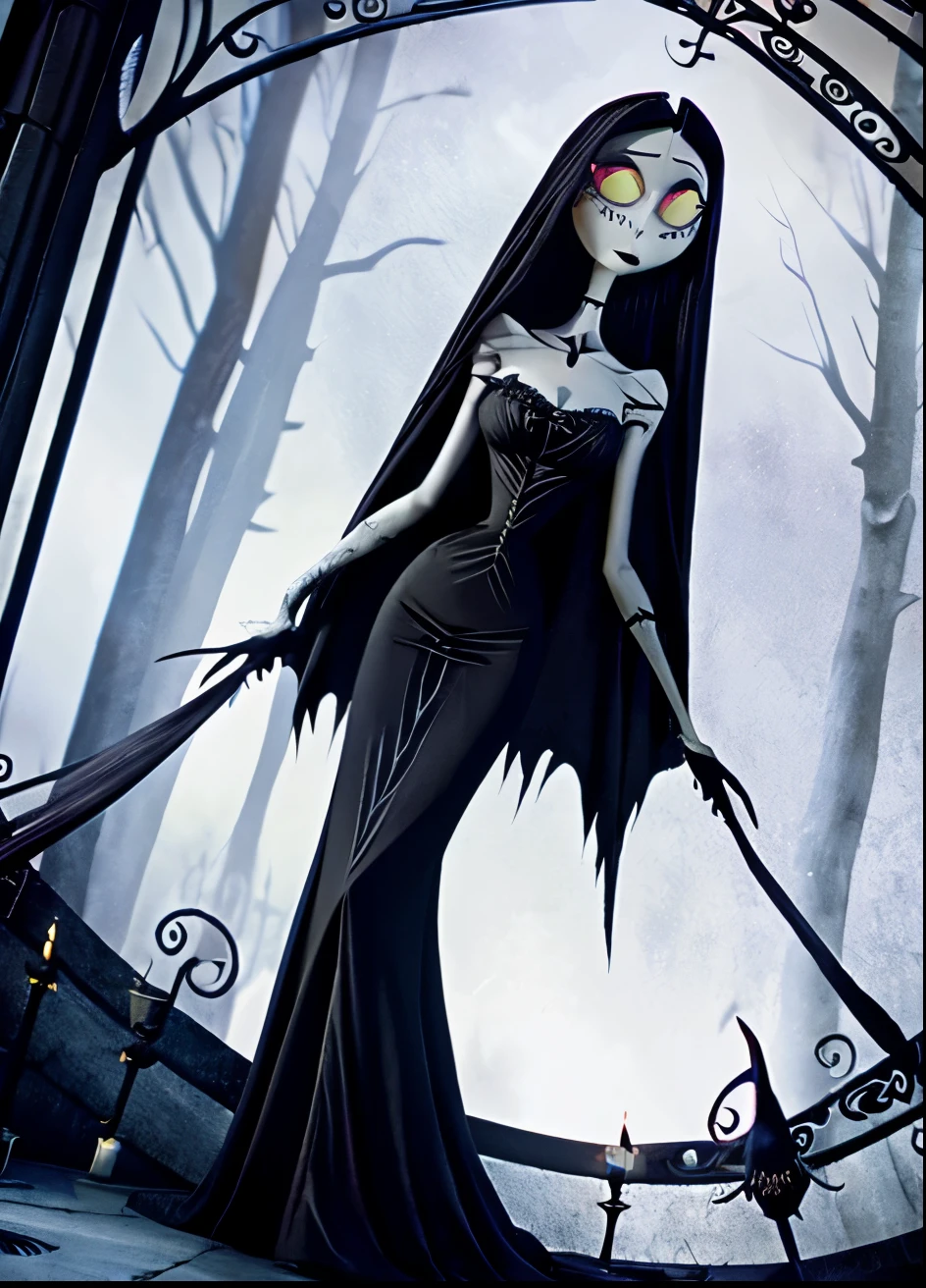 a close up of a woman in a black dress holding a knife, the'other mother'from'coraline ', dark witch character, dark sorceress full view, corpse bride art style, female disney villain, dark sorceress fullbody pose, morgana, the queen of blades, morticia addams, abigail larson, scary queen of death
