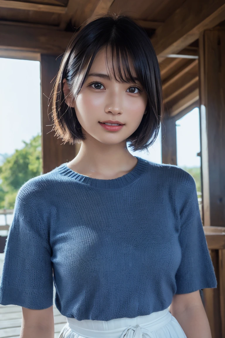 (8K, Raw photo, Highest quality, masterpiece:1.2), (Realistic, Photorealistic:1.37), Ultra-detailed, Ultra-high resolution, 1 girl, Seeing the viewer, Beautifully detailed face, Laughter, narrow, (Slim waist) :1.3), shortcut, Beautifully detailed skin, Skin texture, Dark hair, Short hair, Bob, Professional Lighting, (Blue short-sleeved summer knit), Human whole body