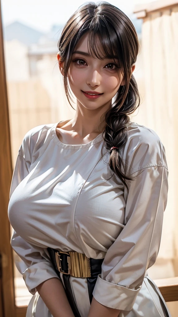 ((Beautiful Face:1.6)), (Purelos Face_v1: 1.0), Half Body,((White simple background)),Create an image of a girl who looks like Yui Aragaki. Pay particular attention to the look of the eyes and the hairstyle., Draw a person who resembles you. Also, Adopt a bright smile and graceful expression like hers.. You can freely arrange the clothes and background., Express her cleanliness and natural charm..,((Natural big breasts:1.4))