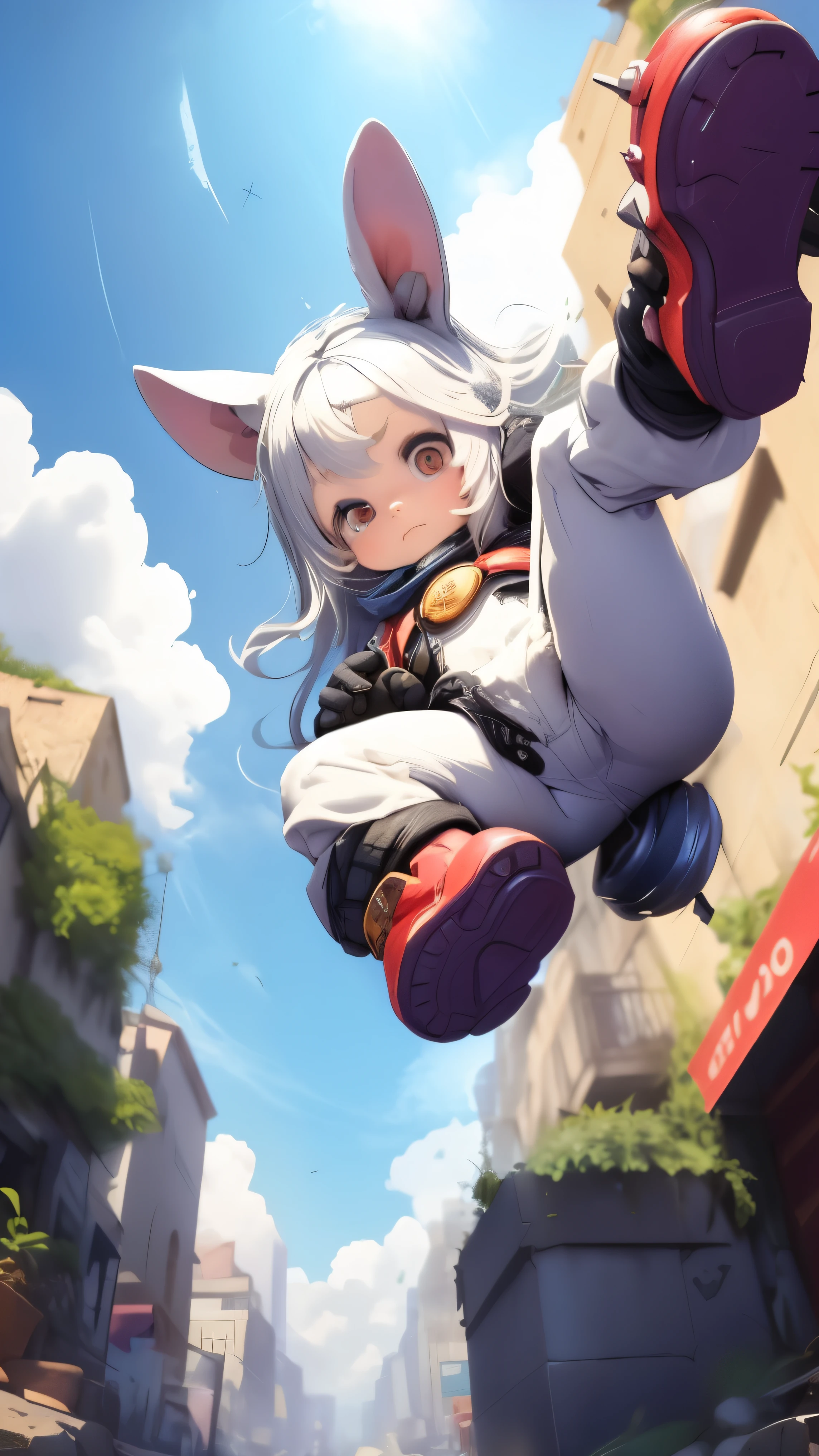 ,quality\(8k,wallpaper of extremely detailed CG unit, ​masterpiece,hight resolution,top-quality,top-quality real texture skin,hyper realisitic,increase the resolution,RAW photos,best qualtiy,highly detailed,the wallpaper,golden ratio\), BREAK ,solo,1girl\((chibi:1.5),cute,kawaii,small kid,(white hair:1.7),(very long hair:1.7),bangs,(ear\(fluffy white rabbit-ear\):1.3),(red eye),big eye,beautiful shiny eye,skin color white,big hairbow,(combat suit\((bodysuit:1.5),(skin tight:1.5),body suit,(very tight:1.5),weapons\)),(breast:1.3),fighting stance,(dynamic pose:1.3),shooting and aiming a laser gun to viewer\), BREAK ,background\(city of Rubble,viewer is destroying the city\),(dynamic angle),better hands,(from below:1.7),(ground level shot:1.7),(from directly below:1.7)