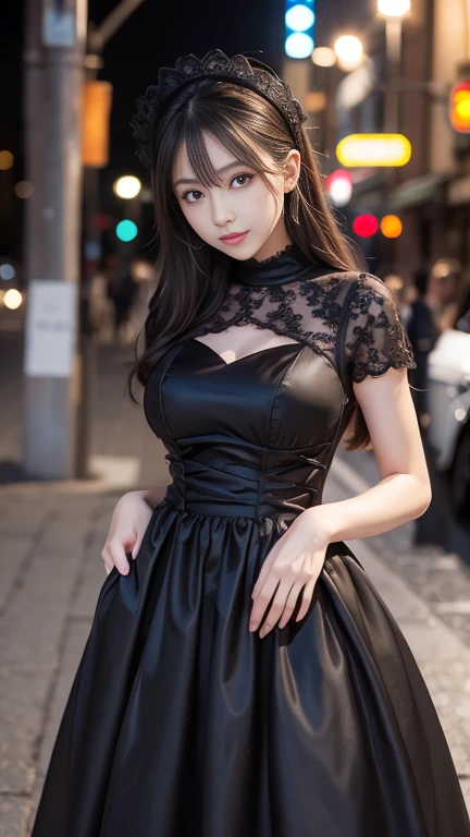 Digital Portrait、Realistic depiction of the human body、RAW Photos、One Girl、Gentle grey eyes、Fuller lipalaise、A large, swaying bust、Shortcuts、(((An elegant black gothic lolita style dress、black gothic dress、Beautiful dress、Super Luxury Dresses)))、Highest quality、Super Resolution、masterpiece:1.5、Medium depth of field、50ｍｍlens、Cinema Lighting、Backlight、Professional Photographer、Streetscape、 evening
