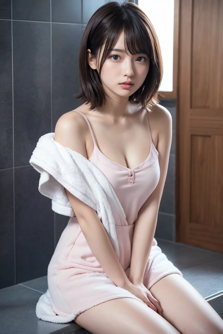 Highly detailed CG Unity 8K wallpapers, Highest quality, Very detailed, masterpiece, Realistic, Photo Real, Very detailedかわいい女の子, Age 25, blush,, Round eyes, Medium chest, The audience watching, Half Body Shot , towel , Bathroom, Sitting ,