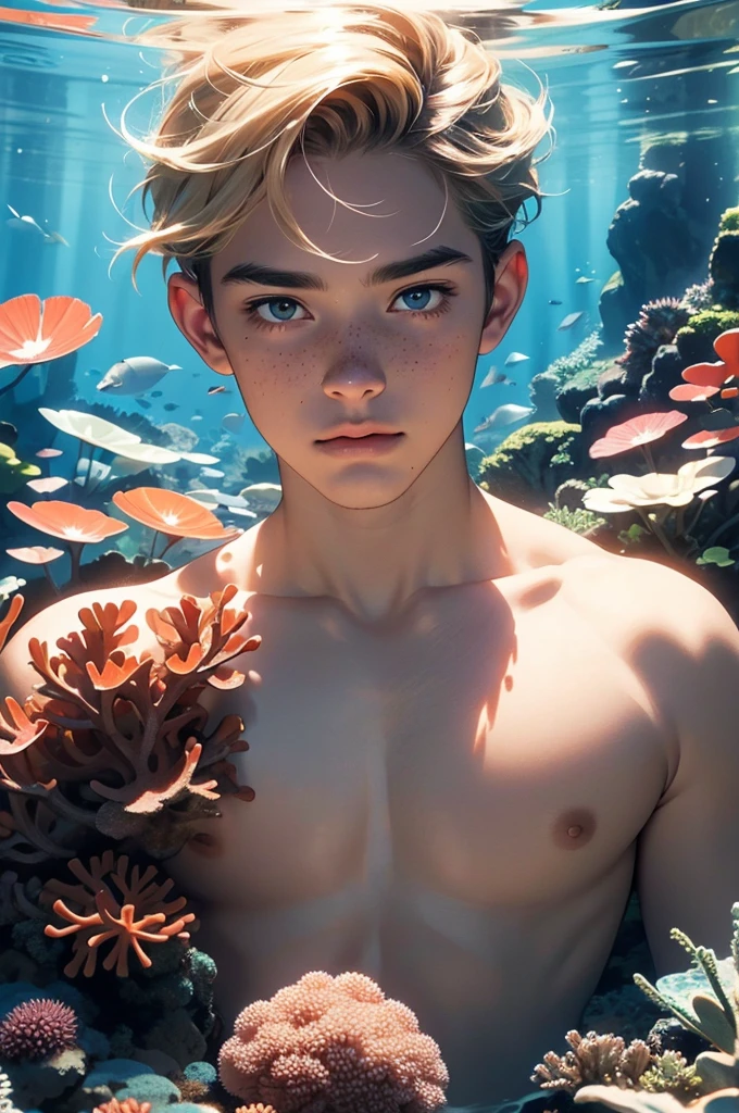 a young man tritton with medium-length blond hair, freckles, scales on some parts of the body, underwater, fish, coral, underwater vegetation, shell, clear water, tritton, long eyelashes, realistic, photorealistic, photo-realistic:1. 37, 4k, ultra-detailed, extremely detailed, hyperrealistic, highly detailed, masterpiece:1.2, vibrant colors, natural lighting, cinematic, dramatic, fantastic, magical, surreal, ethereal, serene, tranquil, atmospheric, bubble, no clothes, man-fish, anemone, corals, school of fish, huge amount of fish,