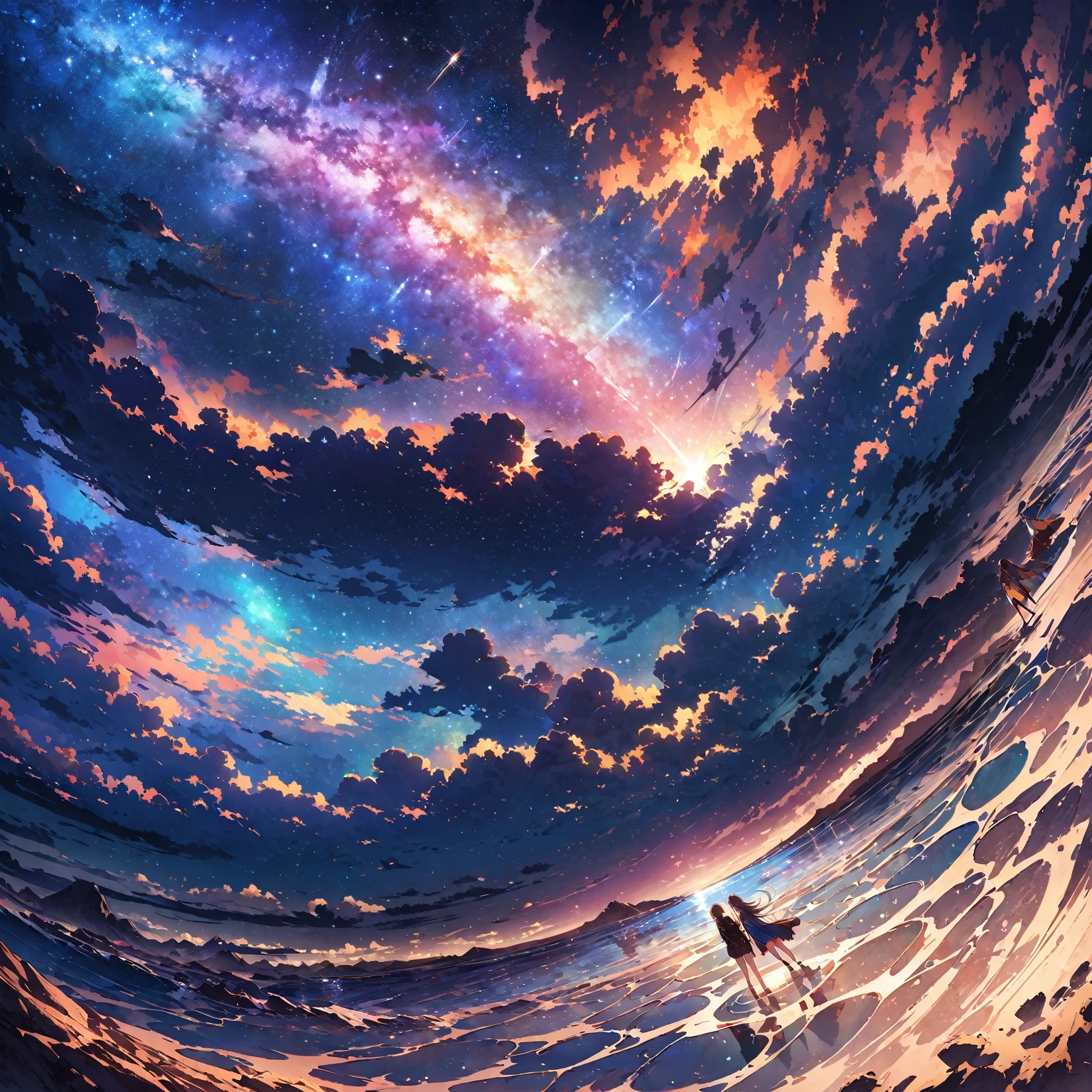 Official Art, Unified 8k wallpaper, Very detailed, masterpiece, Best image quality,Ultra Wide Angle,night,Standing by the salt lake,The water is like a mirror,Reflecting the sky。Looking up at the sky,The Milky Way is in the sky,Dynamic Angle, Grace, Bright colors,Winner of numerous awards, Ultra high definition, Clouds on the screen