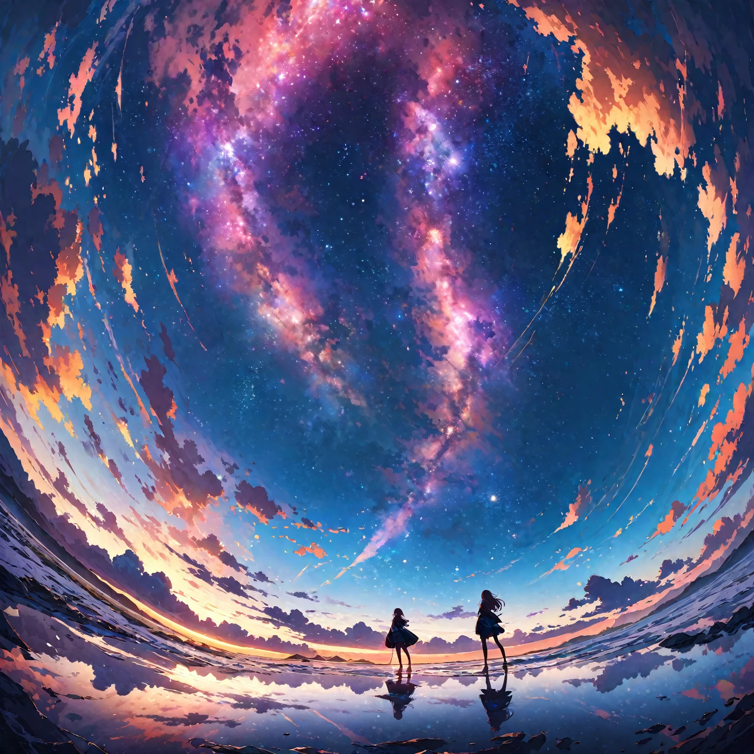 Official Art, Unified 8k wallpaper, Very detailed, masterpiece, Best image quality,Ultra Wide Angle,night,Standing by the salt lake,The water is like a mirror,Reflecting the sky。Looking up at the sky,The Milky Way is in the sky,Dynamic Angle, Grace, Bright colors,Winner of numerous awards, Ultra high definition, Clouds on the screen