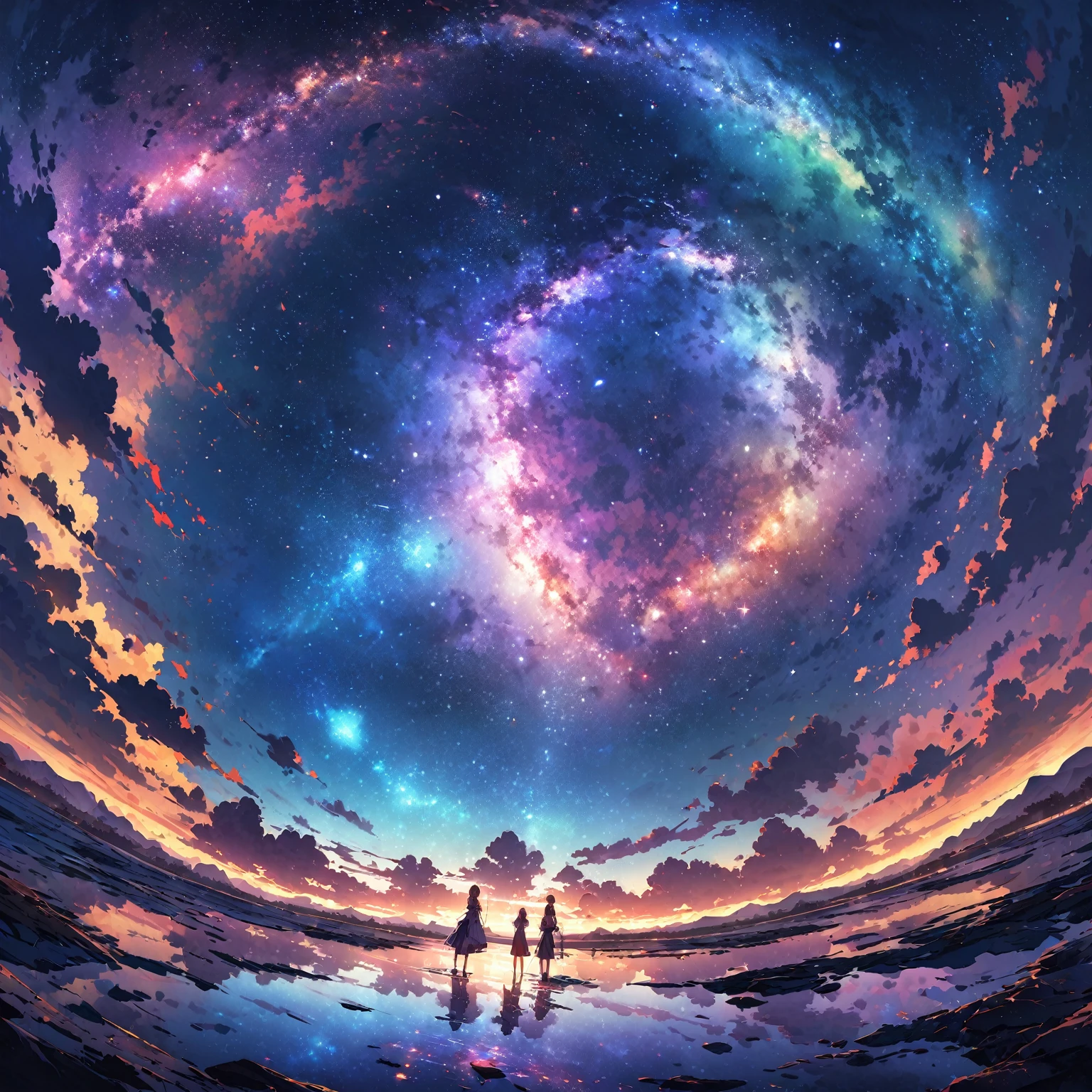 Official Art, Unified 8k wallpaper, Very detailed, masterpiece, Best image quality,Ultra Wide Angle,night,Standing by the salt lake,The water is like a mirror,Reflecting the sky。Looking up at the sky,The Milky Way is in the sky,Dynamic Angle, Grace, Bright colors,Winner of numerous awards, Ultra high definition, Clouds on the screen