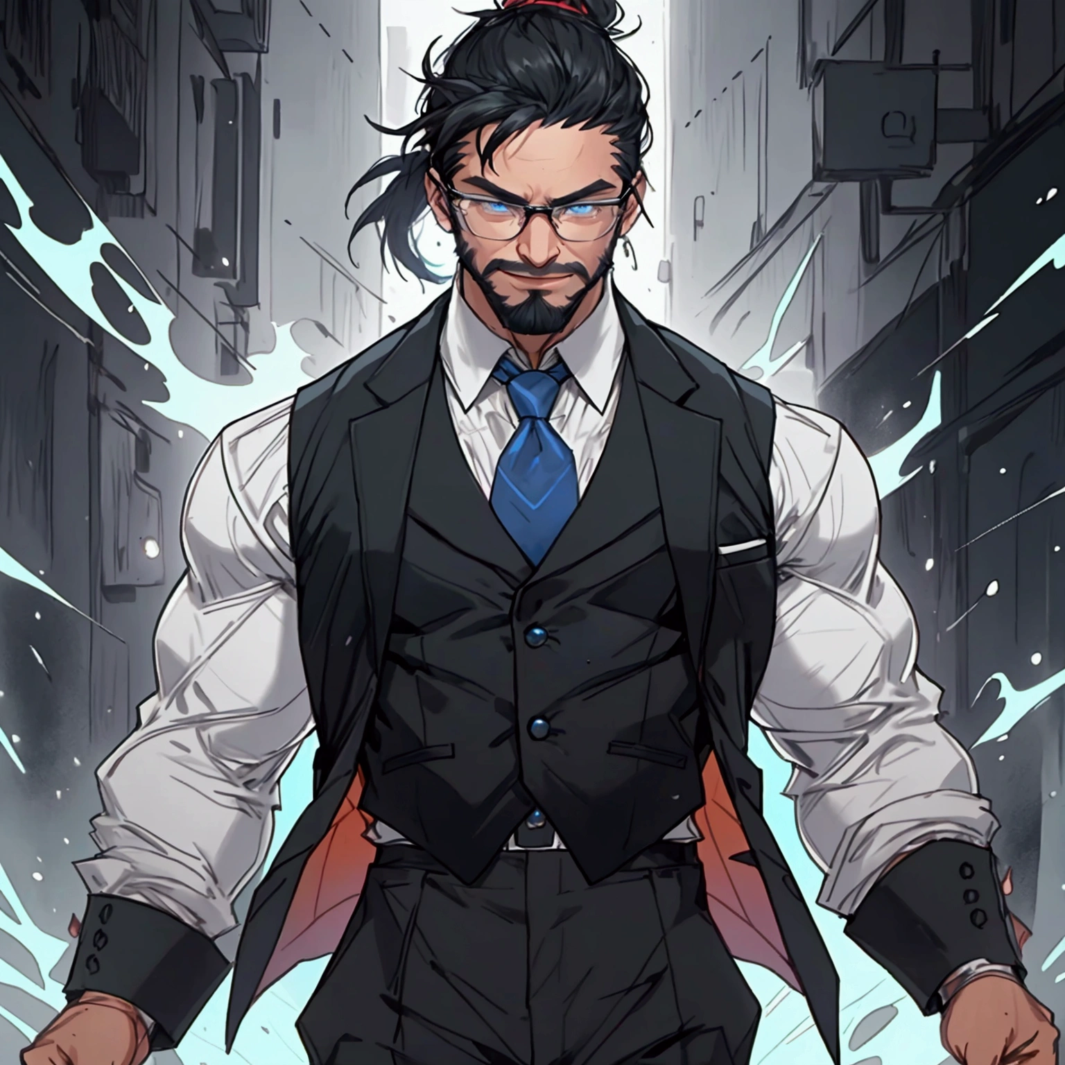 a muscular man with a ponytail, glasses, black hair, light scruffy beard, wearing a business vest and black dress pants, solo, alone, glowing electrical powers, (SOLO)(ALONE), best quality, 8k, highres, masterpiece, ultra-detailed, realistic, photorealistic, photo-realistic, HDR, UHD, studio lighting, ultra-fine painting, sharp focus, physically-based rendering, extreme detail description, professional, vivid colors, bokeh, has blue eyes, blue electric powers, wearing white dress shirt and black vest, fighting pose, grinning