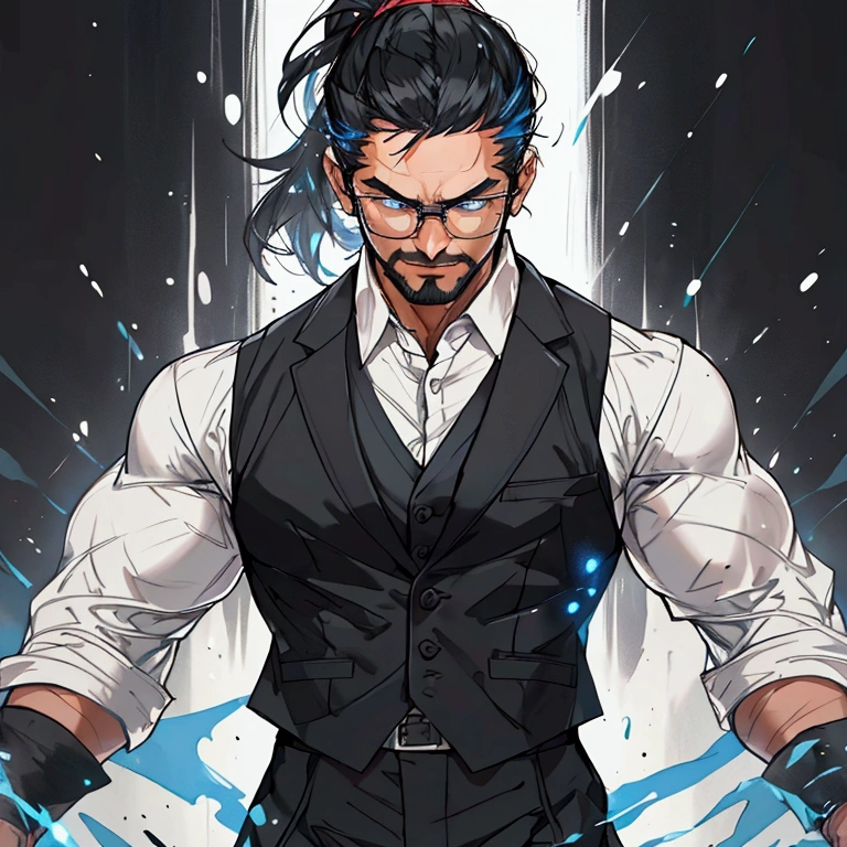 a muscular man with a ponytail, glasses, black hair, light scruffy beard, wearing a business vest and black dress pants, solo, alone, glowing electrical powers, (SOLO)(ALONE), best quality, 8k, highres, masterpiece, ultra-detailed, realistic, photorealistic, photo-realistic, HDR, UHD, studio lighting, ultra-fine painting, sharp focus, physically-based rendering, extreme detail description, professional, vivid colors, bokeh, has blue eyes, blue electric powers, wearing white dress shirt and black vest, fighting pose, grinning