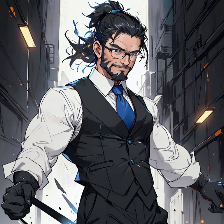 a muscular man with a ponytail, glasses, black hair, light scruffy beard, wearing a business vest and black dress pants, solo, alone, glowing electrical powers, (SOLO)(ALONE), best quality, 8k, highres, masterpiece, ultra-detailed, realistic, photorealistic, photo-realistic, HDR, UHD, studio lighting, ultra-fine painting, sharp focus, physically-based rendering, extreme detail description, professional, vivid colors, bokeh, has blue eyes, blue electric powers, wearing white dress shirt and black vest, fighting pose, grinning