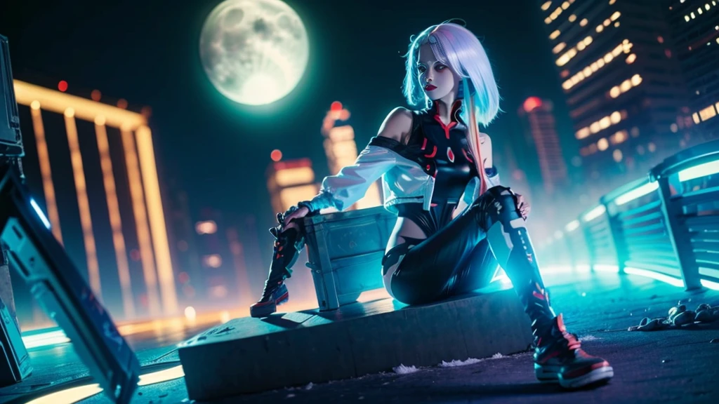 (Sci-fi fantasy), (Masterpiece), (professional oil painting) (best quality), (8k resolution), (1 beautiful girl), ((pale gray skin)), (iron gray skin), ((jeans clothes)),(red jacket)), ((black t-shirt underneath), ((red lipstick)), ((black sneakers)), (comcept art), small chest, (long hair), (messy hair), (white hair), (iron gray hair), ((with futuristic weapon)), (ammunition), ((moonlight of the night)), (sitting thinking))