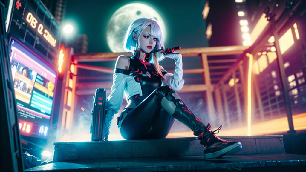 (Sci-fi fantasy), (Masterpiece), (professional oil painting) (best quality), (8k resolution), (1 beautiful girl), ((pale gray skin)), (iron gray skin), ((jeans clothes)),(red jacket)), ((black t-shirt underneath), ((red lipstick)), ((black sneakers)), (comcept art), small chest, (long hair), (messy hair), (white hair), (iron gray hair), ((with futuristic weapon)), (ammunition), ((moonlight of the night)), (sitting thinking))