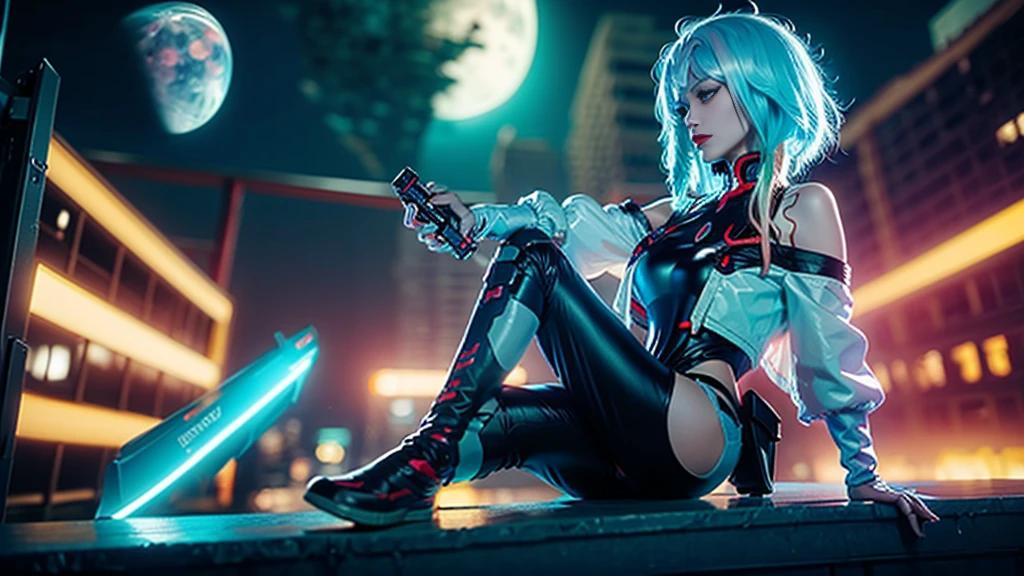 (Sci-fi fantasy), (Masterpiece), (professional oil painting) (best quality), (8k resolution), (1 beautiful girl), ((pale gray skin)), (iron gray skin), ((jeans clothes)),(red jacket)), ((black t-shirt underneath), ((red lipstick)), ((black sneakers)), (comcept art), small chest, (long hair), (messy hair), (white hair), (iron gray hair), ((with futuristic weapon)), (ammunition), ((moonlight of the night)), (sitting thinking))