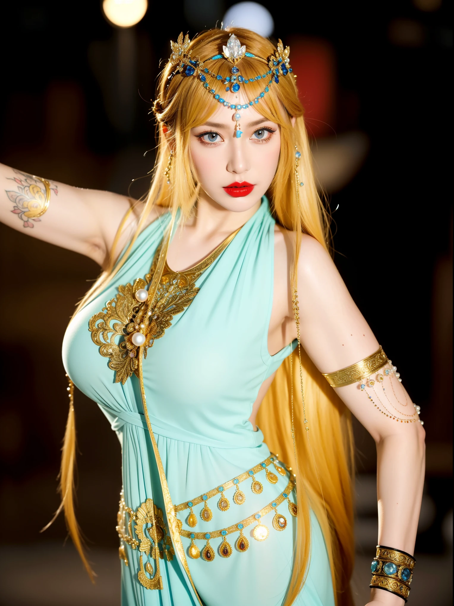 Royal princess，Extremely detailed, Delicate face, Stock Photography , Portrait 400, F1 Camera Lens.6, rich and colorful, Surrealism, Realistic textures, Dramatic Lighting, Thin Film Distiller 800 (8K, original photo, Better quality, masterpiece: 1.2), Extremely detailed, (Extremely delicate skin: 1.2), 8K ultra high definition, SLR camera, Soft Light, high quality.Fire Queen，Blue pupils，Wear red lipstick，Have a tattoo，The tattoo is very three-dimensional，Gorgeous and intricate tattoo designs，Dark eyeshadow，Sexy thick lips(Red lipstick)，Gorgeous pearl and gemstone decoration，breasts   symmetrical，Gold armband
