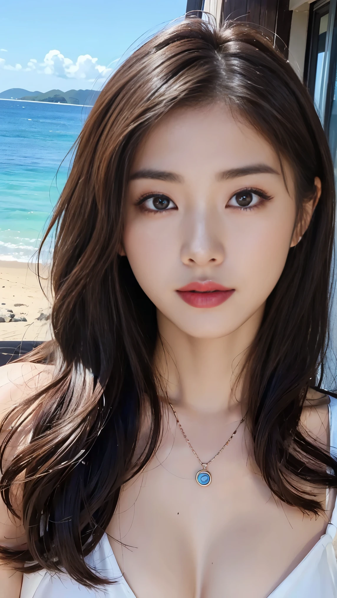 ((Genuineライティング、Highest quality、8k、masterpiece:1.3))、8k、Clear focus:1.2、Browsing Caution、(nude:1.5)、((Genuine)) 、((Genuine light、Highest quality) )、Model body type:1.4、(Dark brown hair、outside:1.8)、Dark brown eyes、Long Hair、Resort、At Nangoku Hotel、(24-years-old:1.3)、Highly detailed face、Beautiful Eyes、double eyelid、necklace、Put your hair over one eye、High heels、eyeliner、Please comb your hair、Blue sea view、liberation、Model pose、、(nsfw:1.3)