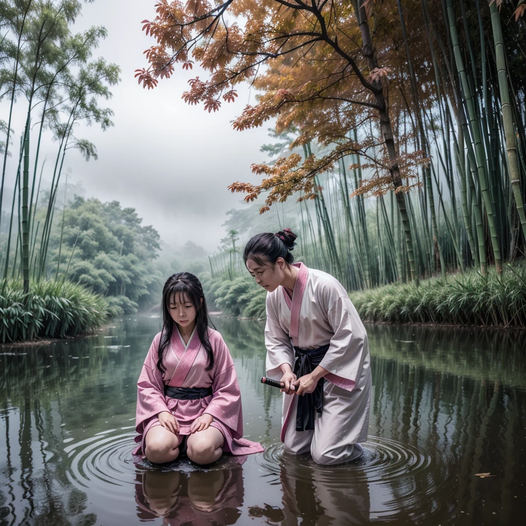 Ghost of an Asian woman in pink kimono kneels on a lake and holds a katana in her hand, his face is full of fear and pain. In the distance there is a bamboo forest with a lot of fog and a very very cloudy day