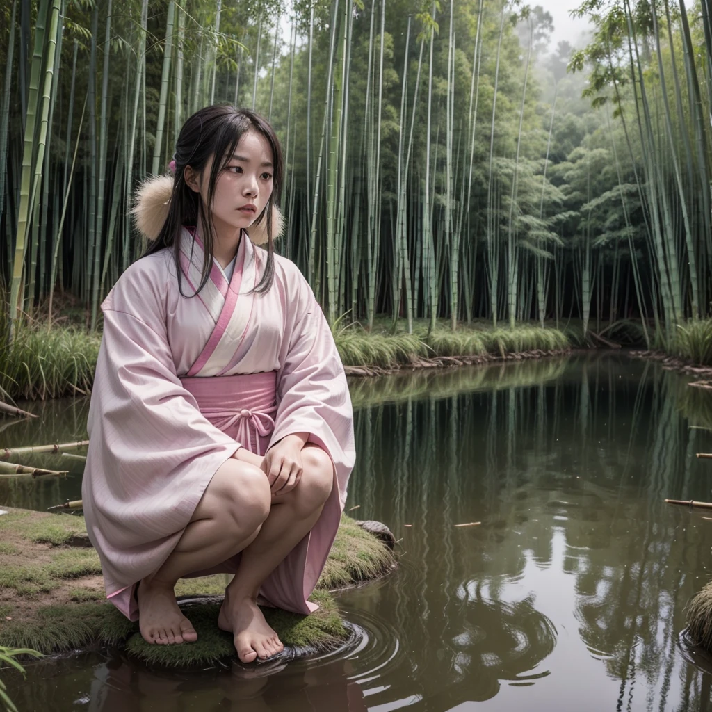 Ghost of an Asian woman in pink kimono kneels on a lake and holds a katana in her hand, his face is full of fear and pain. In the distance there is a bamboo forest with a lot of fog and a very very cloudy day