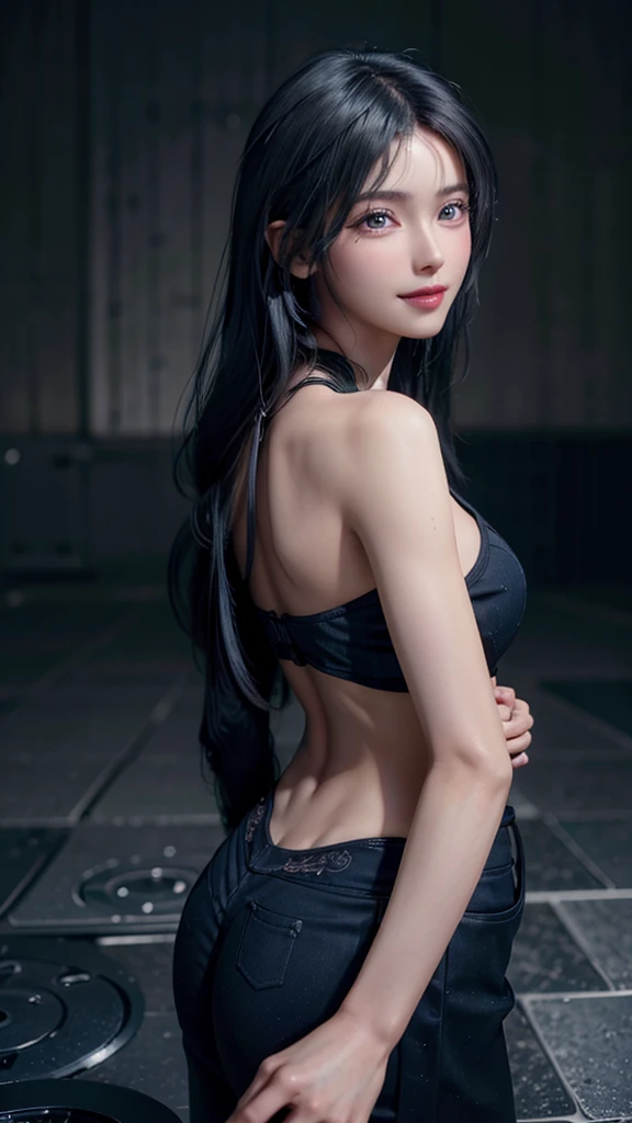 a darkskinned woman, 30 years old, short athletic body, tight waist, firm , perfect ass, blue hair, blue eyes, sensual lips, energetic, smile, love, beautiful detailed eyes, beautiful detailed lips, extremely detailed eyes and face, long eyelashes, photorealistic, 8k, hyperrealistic, masterpiece, digital painting, intricate details, realistic skin texture, vibrant colors, dramatic lighting, dynamic pose, 168 cm long
