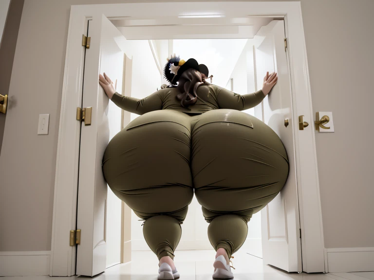 masterpiece, 1 Mexican girl behind a doorway, from behind, (doorstuck, stuckback:1.3), ssbbw ,huge wide hips, round belly, thick thighs, giant butt,colorful clothing, wearing a olive green pirate costume with pants, upset, desperately trying to wiggle through, she tries to free herself but she won't budge, she is stuck tight view from above, she is too wide, the doorway is quite narrow too, she kicks her legs furiously, trying to wiggle her hips through the small door, but its no good, the door is too small, she keeps trying to squeeze through with frustration, she is stuck too tight