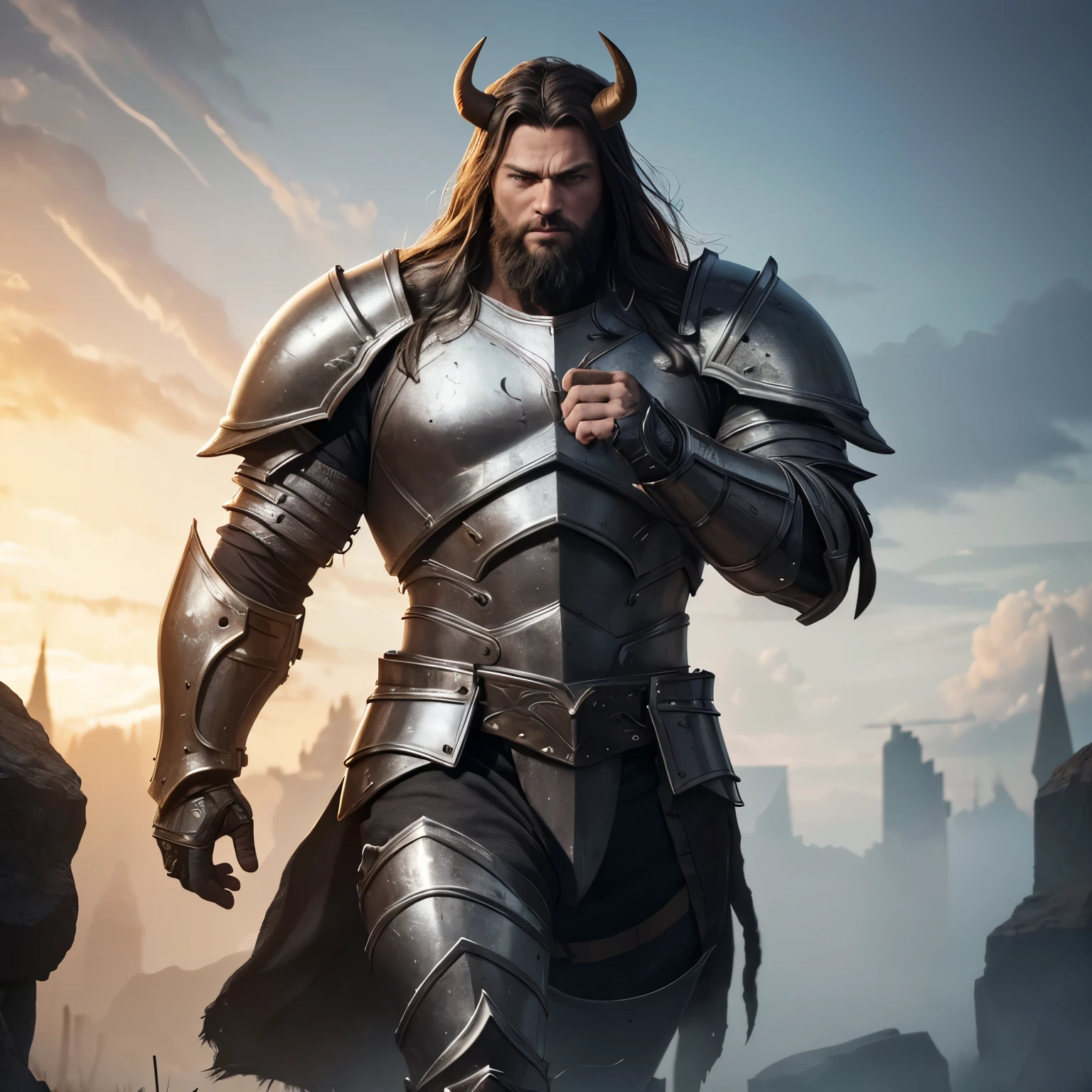 muscular man, minotaur horns, full body metal armor, beard, long hair, right eye scar, neutral background, (best quality,4k,8k,highres,masterpiece:1.2),ultra-detailed,(realistic,photorealistic,photo-realistic:1.37),digital painting,fantasy,dramatic lighting,cinematic,volumetric fog,dramatic shadows, armor in entire body, heavy armor