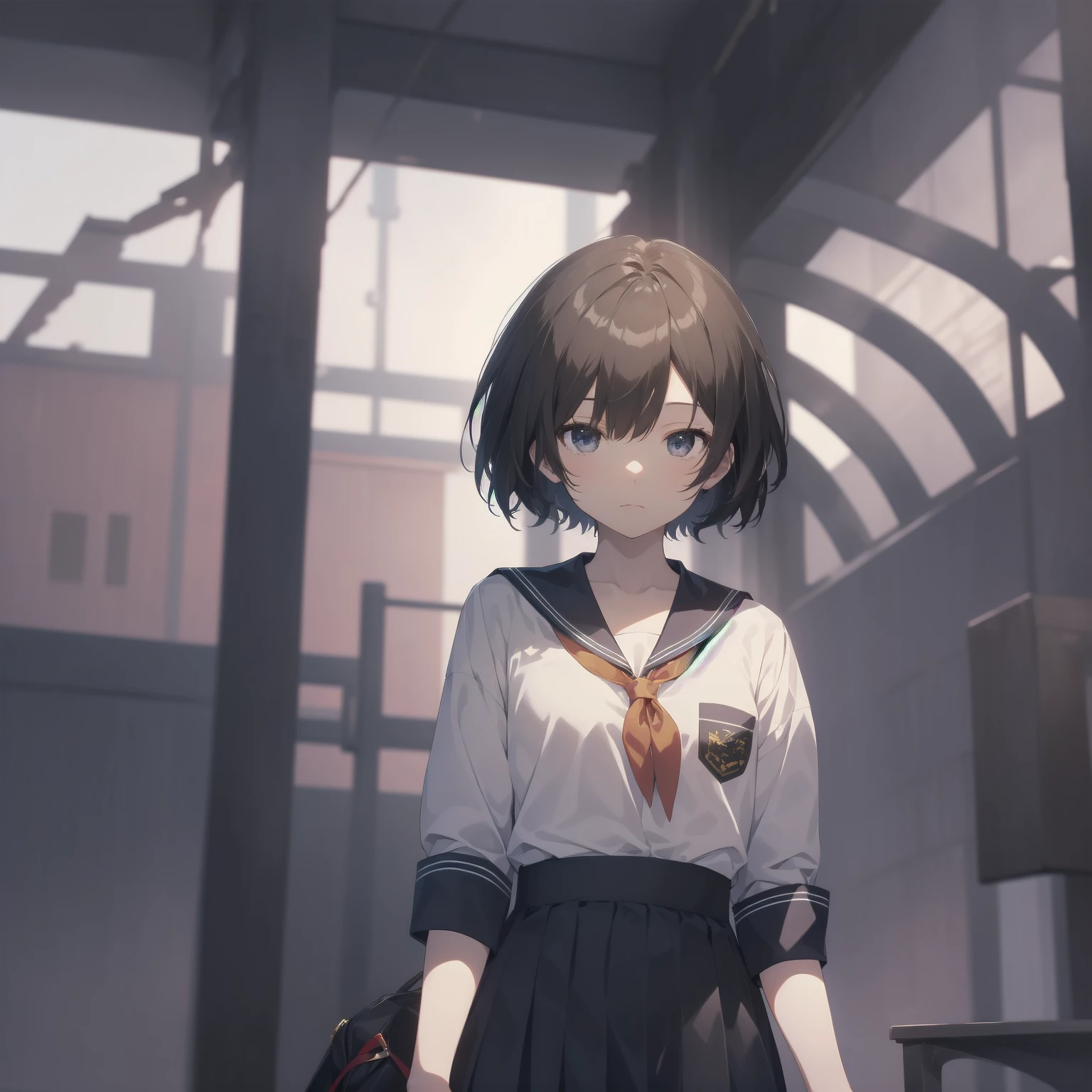 ultra-absurdres-Top quality by artist God, ultra-detailed, high resolution, anime moe artstyle, best anime 8k konachan wallpaper, pixiv contest winner, pool:2810, perfect anatomy,break, 1girl, (Please draw a girl walking sleepily to school alone. )break,(Solo,little female, 13-year-old:1.3),Full limbs, complete fingers,a junior high school student, (very short hair), short cut, flat chest, , small butt, small black eyes, beautiful detailed eyes, well-proportioned iris and pupils, expressive eyes, highres detailed hair, soft expression, salor school_uniform, sailor collar, serahuku, bow, pleated skirt,(Detailed Lighting), (Detailed background), in the School commute route. break,super detailed skin, Best cinematic lighting powered by famous artist, 8k,beauty illustration,photoshop_(medium),very aesthetic,break,((artist:fujima_takuya )), artist:clamp ,artist:carnelian ,artist:kantoku ,