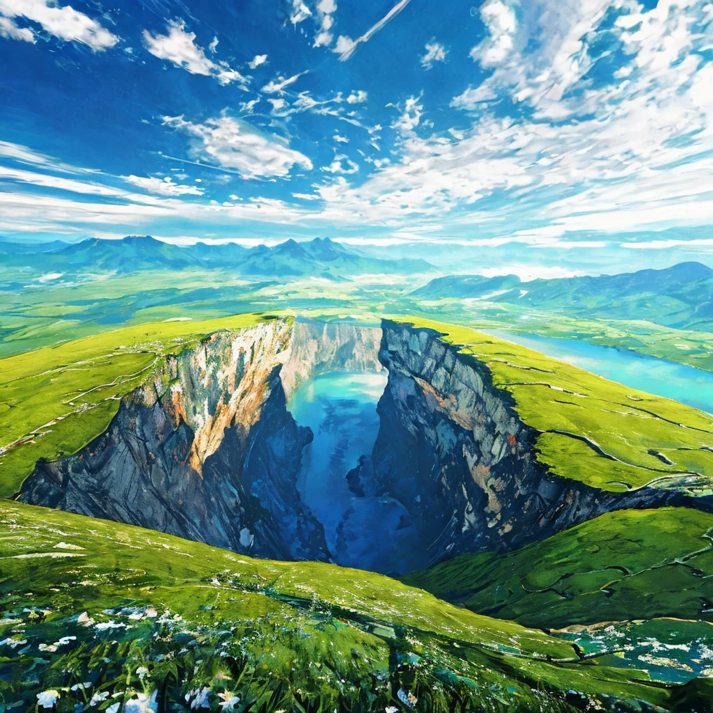Turquoise sky、Lots of clouds、Angle from above、Grassland seen through the clouds