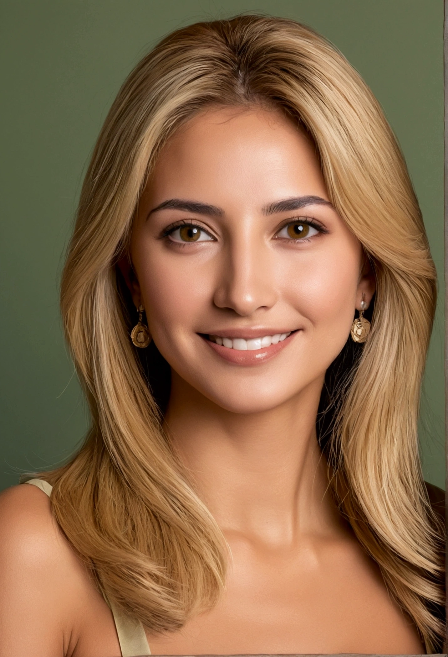 Valentina López (Paraguayan) PORTRAIT, slender woman with a confident and elegant aura. She has straight, blonde hair hair and is short. Her skin is a warm olive tone, and her hazel eyes have a captivating depth. Valentina's smile is both charming and charismatic.