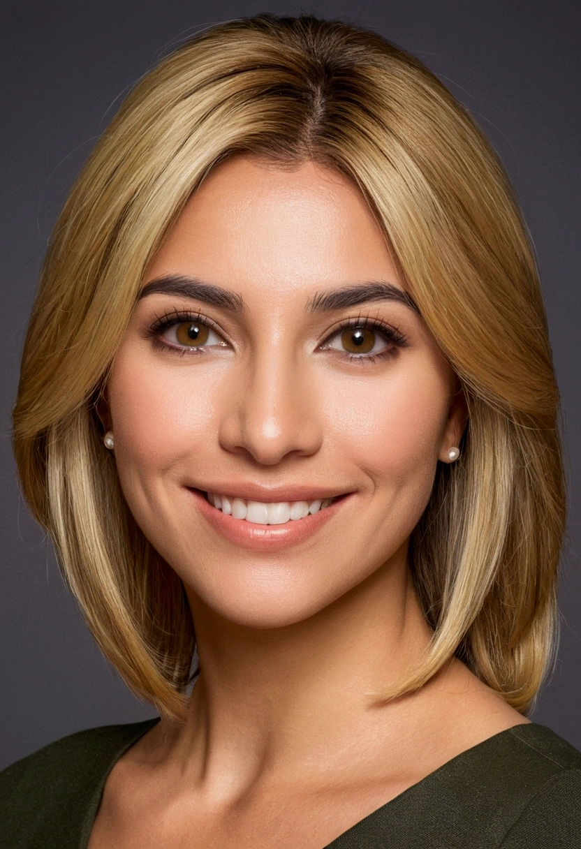 Valentina López (Paraguayan) PORTRAIT, slender woman with a confident and elegant aura. She has straight, blonde hair hair and is short. Her skin is a warm olive tone, and her hazel eyes have a captivating depth. Valentina's smile is both charming and charismatic.