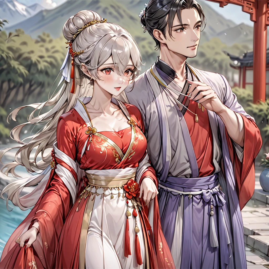 ((Highest quality)), ((masterpiece)), (detailed), （Perfect Face）、The woman has her medium-long silver hair tied up in a bun, is wearing a gorgeous red wedding Hanfu with gold embroidery and trim, and is lavishly dressed with gorgeous accessories and an engagement ring.、The woman is having a grand wedding with a handsome and dignified middle-aged Chinese man.