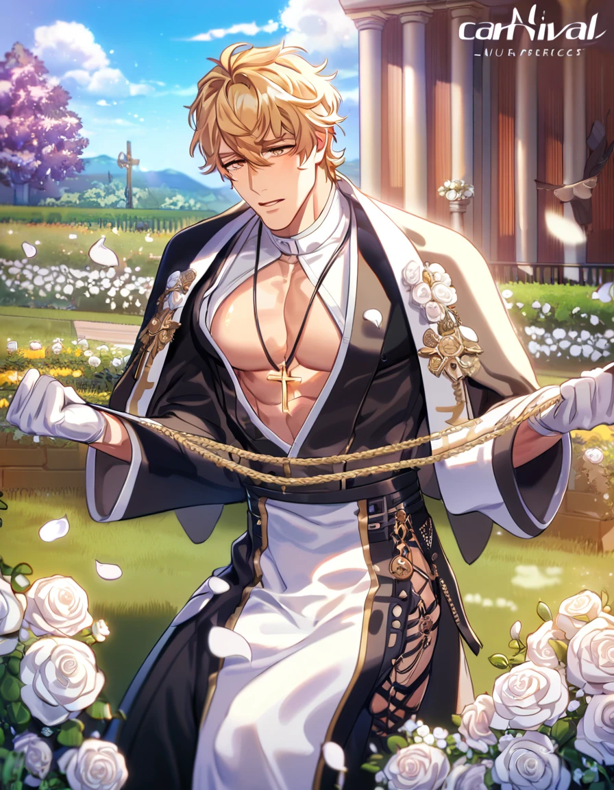 absurdres, highres, ultra detailed, HDR, master piece, best quality, Quincy, blonde hair, expressive amber eyes, Nu Carnival, solo, sexy man, handsome, horny, lewd, black priest robes, accessories, showing the chest, cross necklace, priest, white gloves, fantasy, magical, white roses, white petals, garden, blue sky, altar
