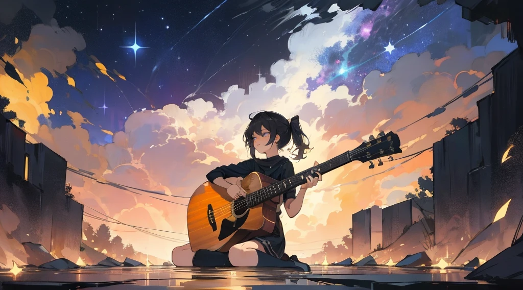 masterpiece,night,(dark alley),star、Night Sky、milky way、octone、
(uth), (solo), Knee hugging sitting,acousticguitar