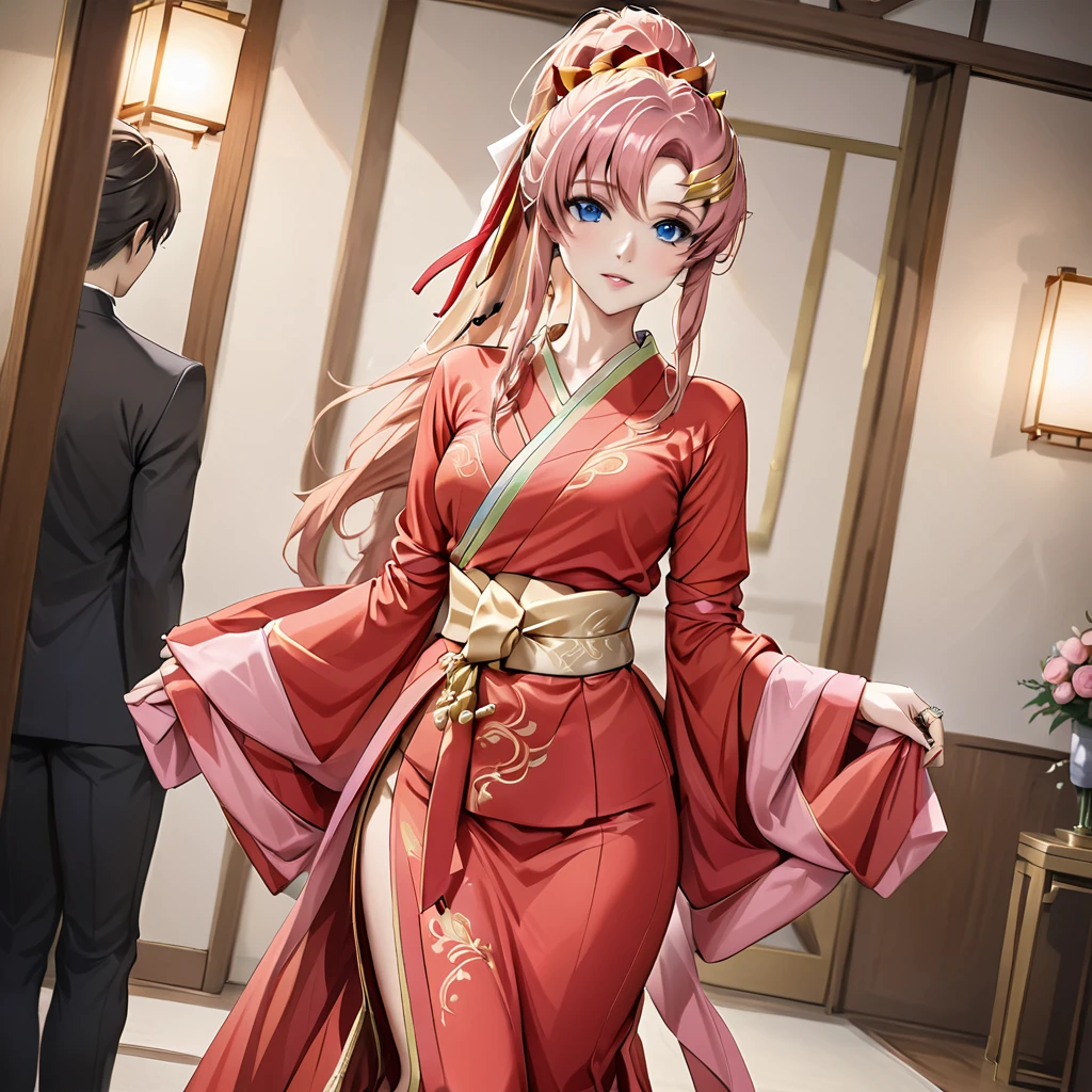 ((Highest quality)), ((masterpiece)), (detailed), (Perfect Face)、The woman is Lacus Clyne, with blue eyes and semi-long pink hair tied up in a ponytail. She is dressed in a gorgeous red wedding kimono with gold embroidery and trim, and is adorned with gorgeous accessories and an engagement ring.、The woman is having a grand wedding with a handsome and dignified middle-aged Chinese man.