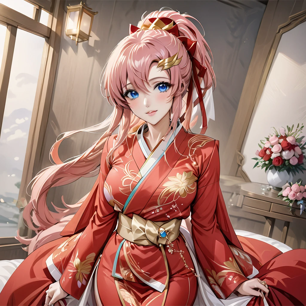 ((Highest quality)), ((masterpiece)), (detailed), (Perfect Face)、The woman is Lacus Clyne, with blue eyes and semi-long pink hair tied up in a ponytail. She is dressed in a gorgeous red wedding kimono with gold embroidery and trim, and is adorned with gorgeous accessories and an engagement ring.、The woman is having a grand wedding with a handsome and dignified middle-aged Chinese man.