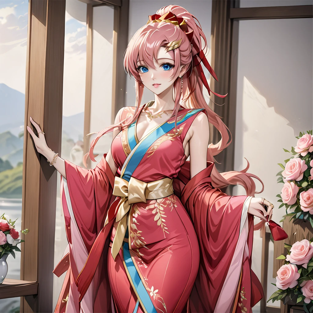 ((Highest quality)), ((masterpiece)), (detailed), （Perfect Face）、The woman is Lacus Clyne, with blue eyes and semi-long pink hair  in a ponytail. She is dressed in a gorgeous red wedding kimono with gold embroidery and trim, and is adorned with gorgeous accessories and an engagement ring.、The woman is having a grand wedding with a handsome and dignified middle-aged Chinese man.