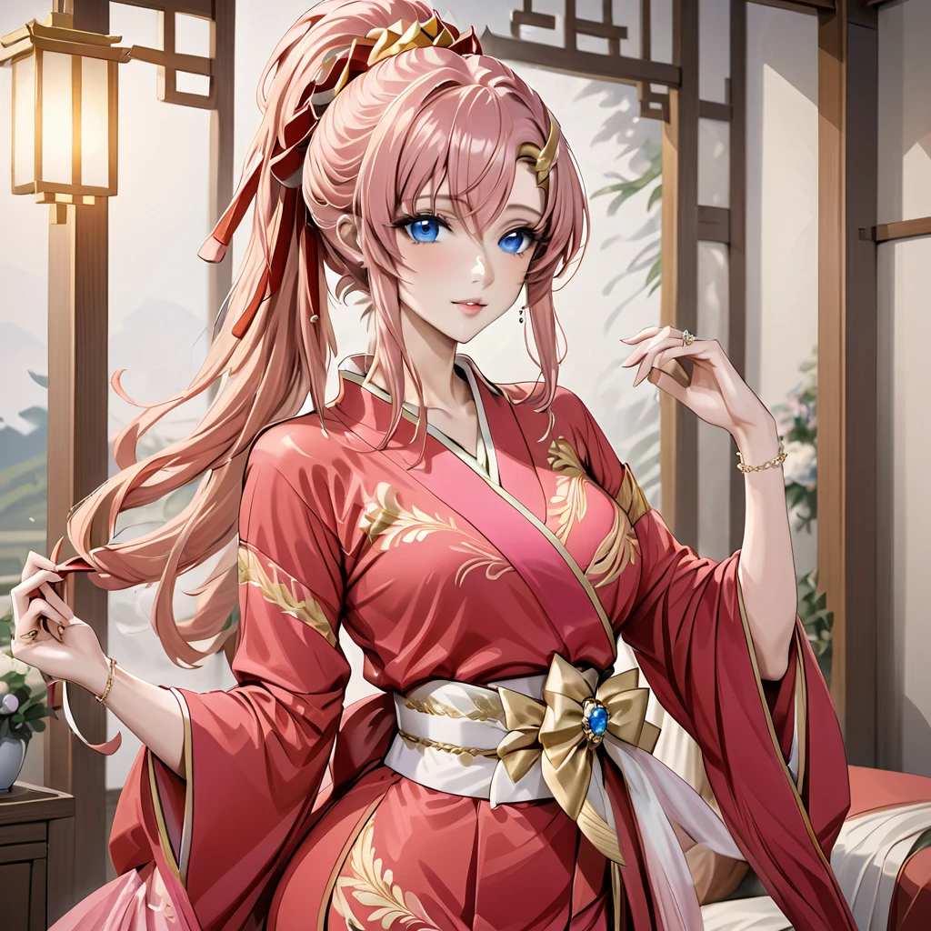 ((Highest quality)), ((masterpiece)), (detailed), (Perfect Face)、The woman is Lacus Clyne, with blue eyes and semi-long pink hair tied up in a ponytail. She is dressed in a gorgeous red wedding kimono with gold embroidery and trim, and is adorned with gorgeous accessories and an engagement ring.、The woman is having a grand wedding with a handsome and dignified middle-aged Chinese man.