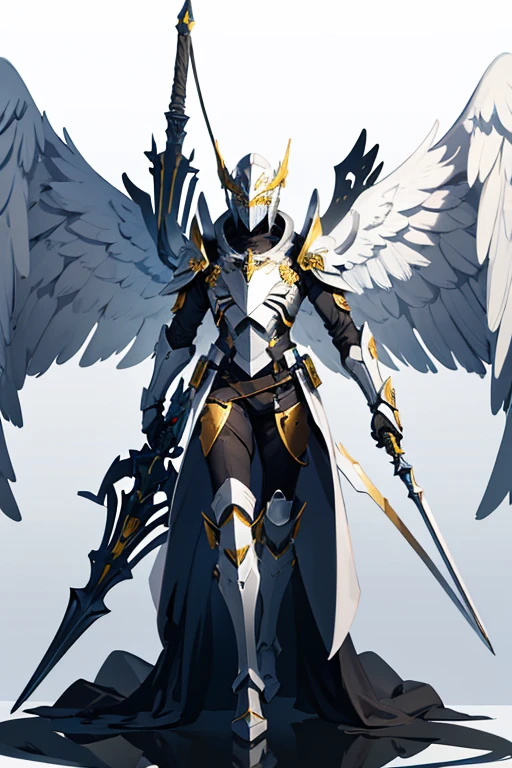 angel exoskeleton armor helmet with cross symbol templars gold color with a spear in hand full body facing the viewer white background
