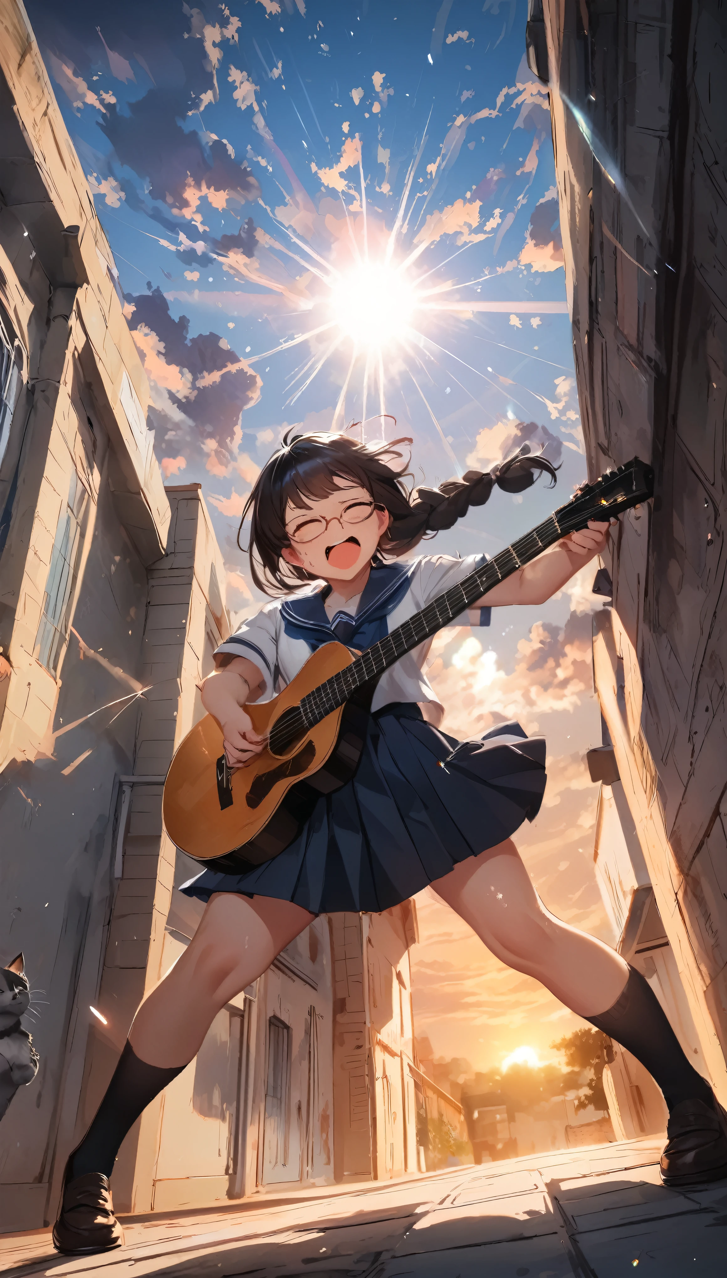 1girl\(playing guitar on brooms,high school student,intense movements,(dynamic action:1.3),long braid hair,hair color black,high jumps,hair floating,hair dancing hard,splashing sweat,shining sun,sailor uniform,loafers,glasses,guitar performance,shouting loud,eyes closed hard\), background\(back of school building,audiences are cats\),(dynamic angle), BREAK ,quality\(8k,wallpaper of extremely detailed CG unit, ​masterpiece,hight resolution,top-quality,top-quality real texture skin,hyper realisitic,increase the resolution,RAW photos,best qualtiy,highly detailed,the wallpaper,cinematic lighting,ray trace,golden ratio\), (from below:1.7),(ground level shot:1.7),(from directly below:1.7)