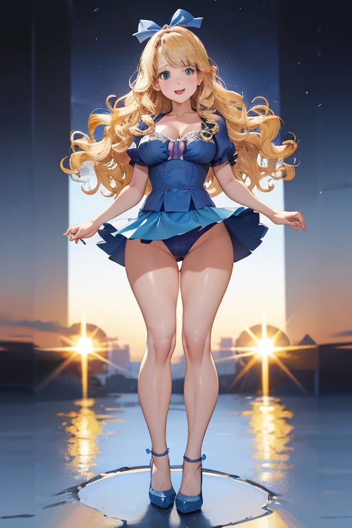 Melissa Rauch, long very puffy very curly blonde hair, head bow, very tiny miniskirt, FULL DETAILED BLUE PANTYHOSE , high heels, sun shiny day